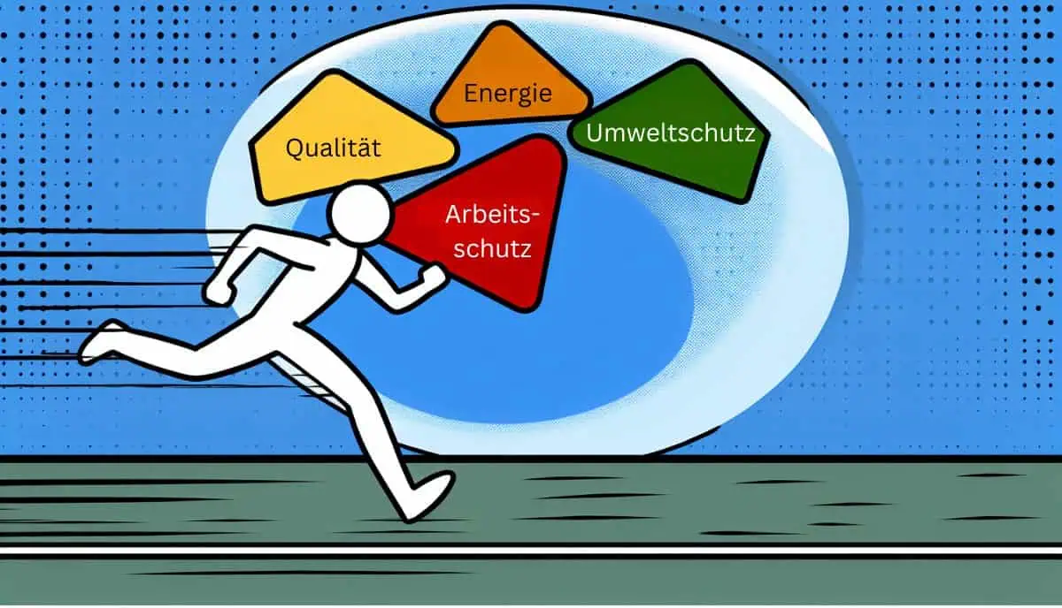 Im Comic Stil. Das Bild zeigt Folgendes zeigen: Symbolbild für Managementsysteme: Qualität, Umwelt, Energie und Arbeitsschutz. Es zeigt einen Läufer als Strichmännchen auf seinem Weg zum Ziel.